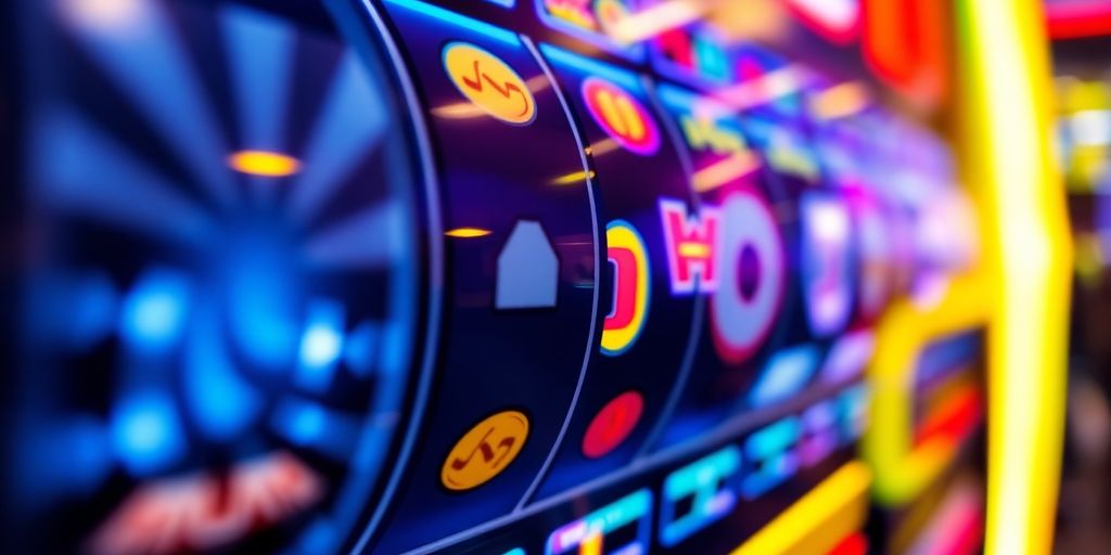 Spinning slot machine reels with glowing symbols.