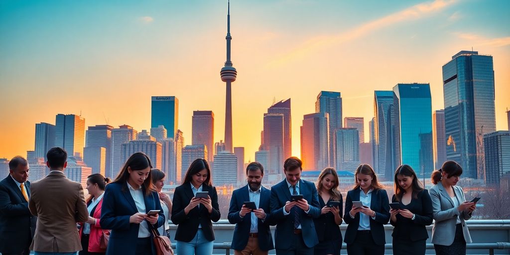 Toronto skyline with professionals using digital devices.