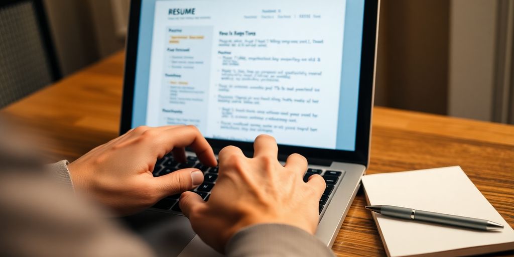 Person smiling at laptop, resume onscreen.