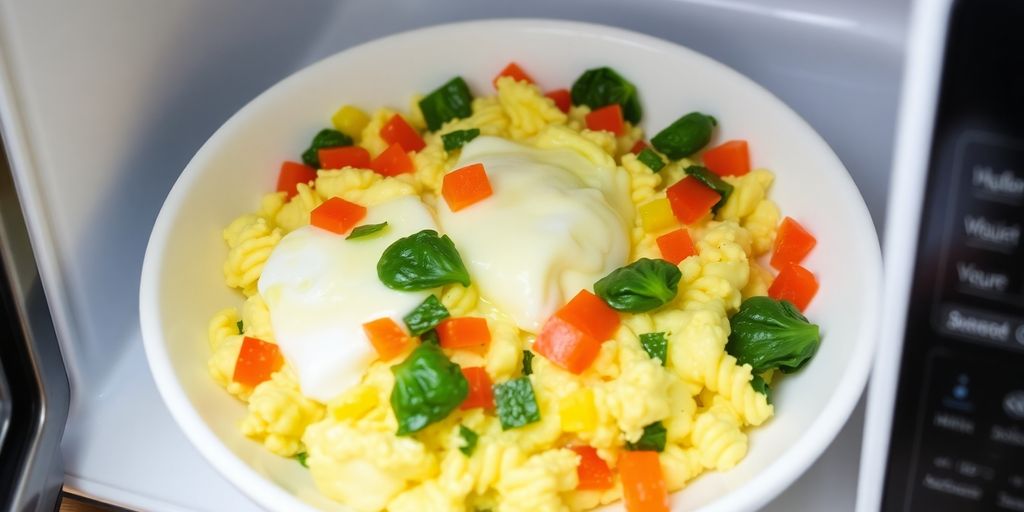 Microwave egg bowl with colorful vegetables.