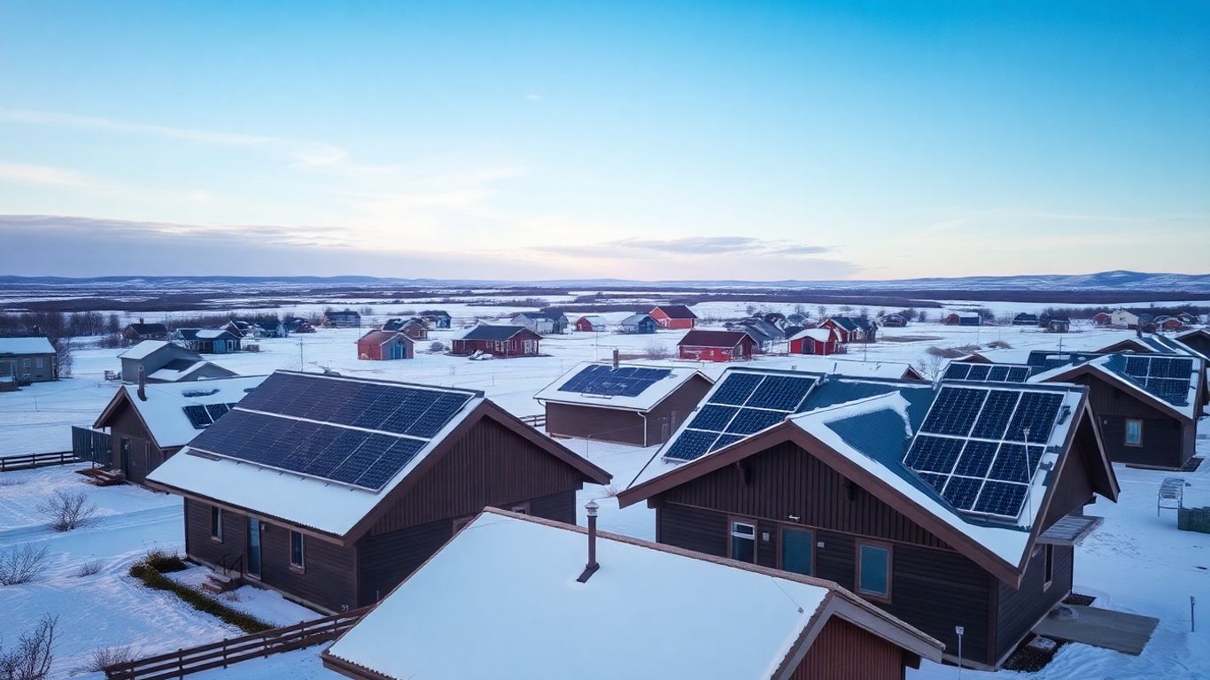 Arctic homes with solar panels against snowy landscape.