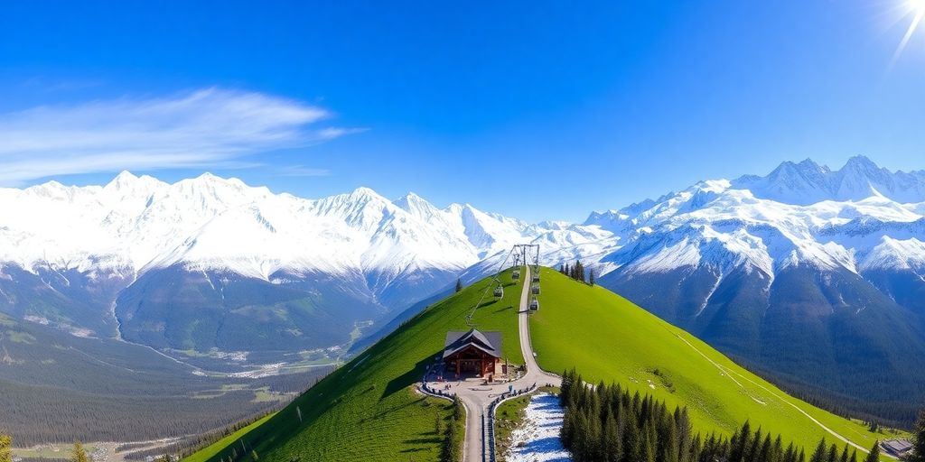 Alyeska aerial tram ascending a lush green Alaskan mountain.