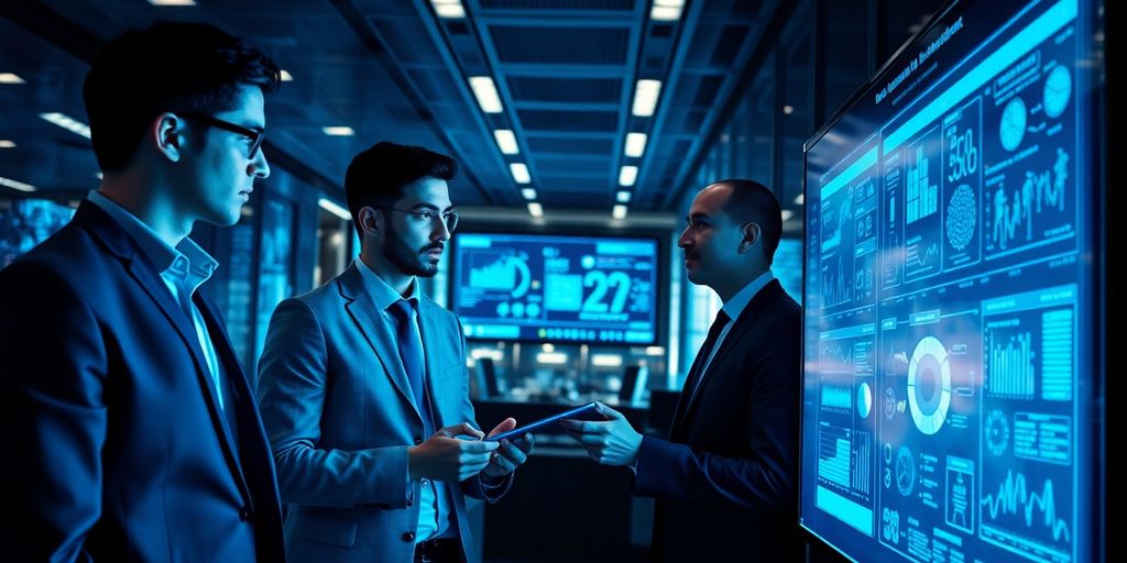 Profissionais interagindo com sistemas de inteligência artificial.