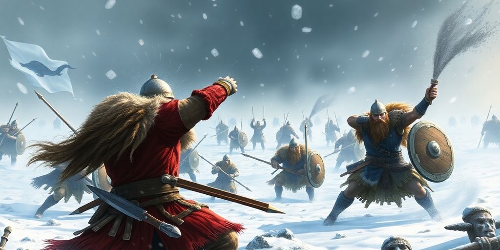 Viking warriors battling in a digitally rendered landscape.