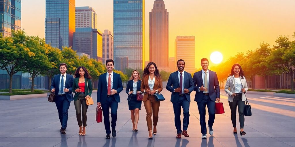 Diverse professionals walking in front of Atlanta skyscrapers at sunrise