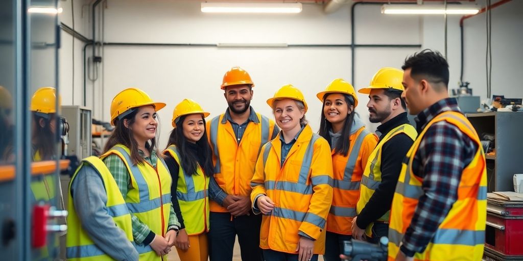 Employees in safety gear collaborating in a workspace.