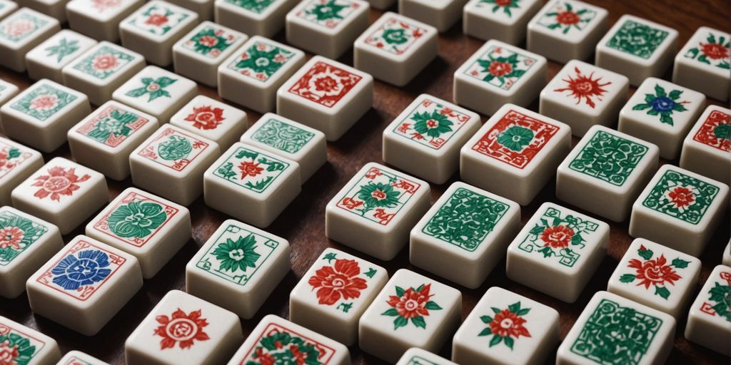 Different sized Mahjong tiles on a wooden table.