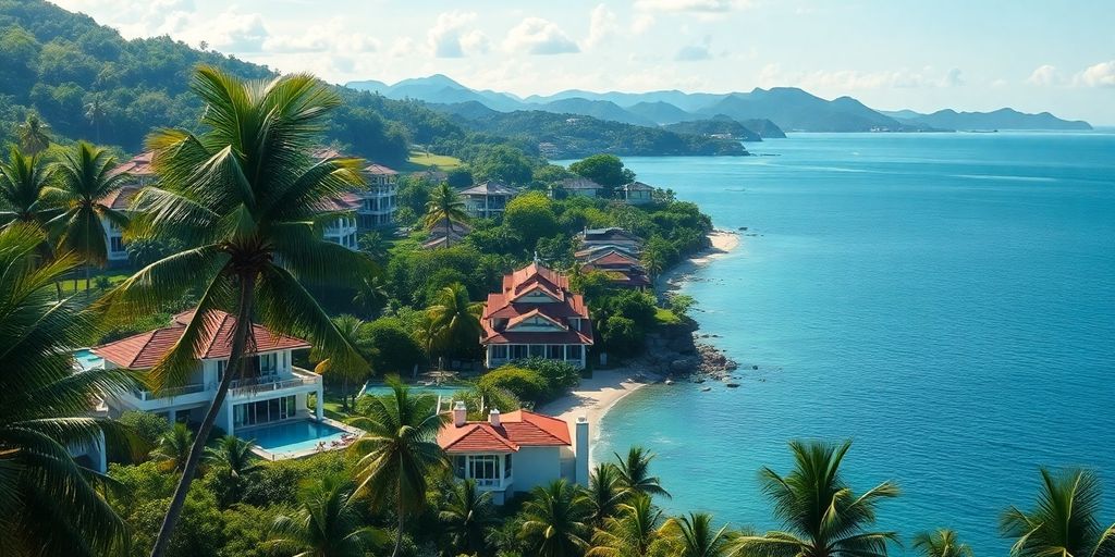 Coastal properties under construction, clear sky.