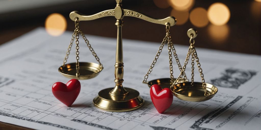 Scales with hearts and dollar signs on legal paper
