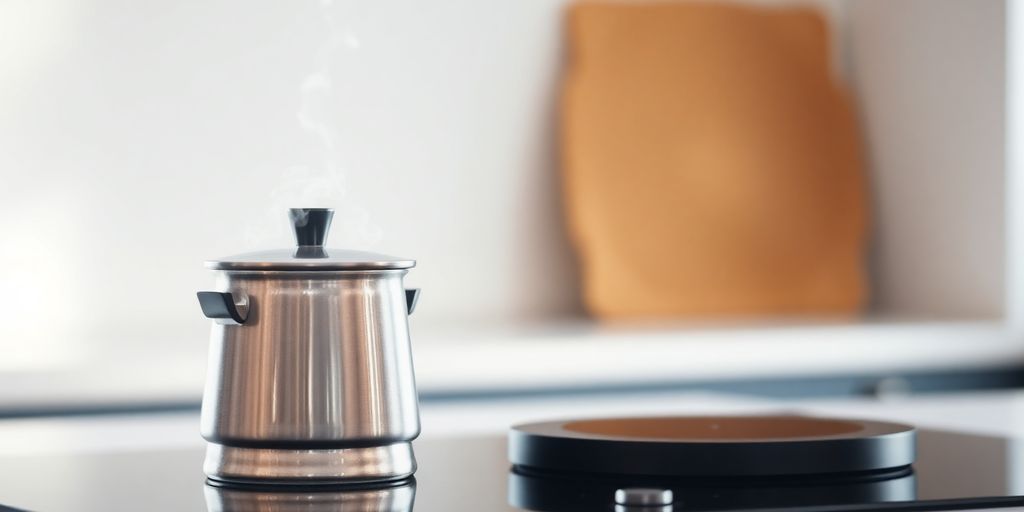 Sleek induction coffee pot brewing on modern stovetop.