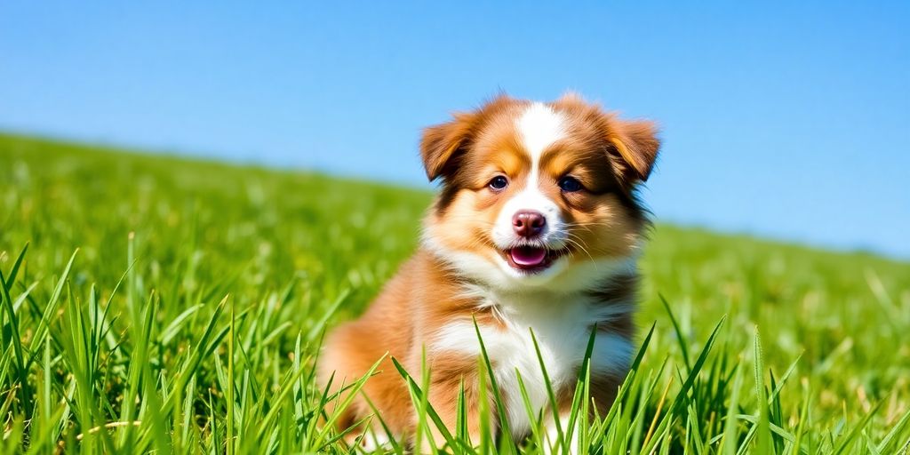 Shetland Sheepdog puppy in a green meadow.