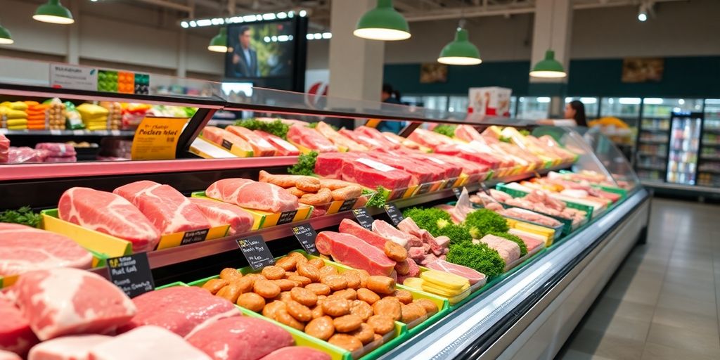 Clean meat case in a bright grocery store setting.