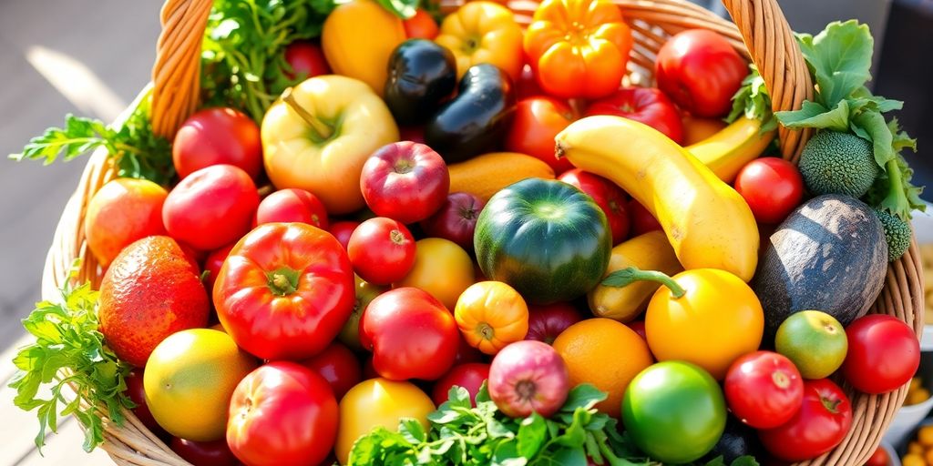 Panier coloré de fruits et légumes frais de saison.