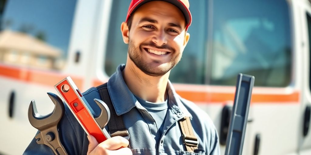 Plumber with tools, smiling, near a work van.
