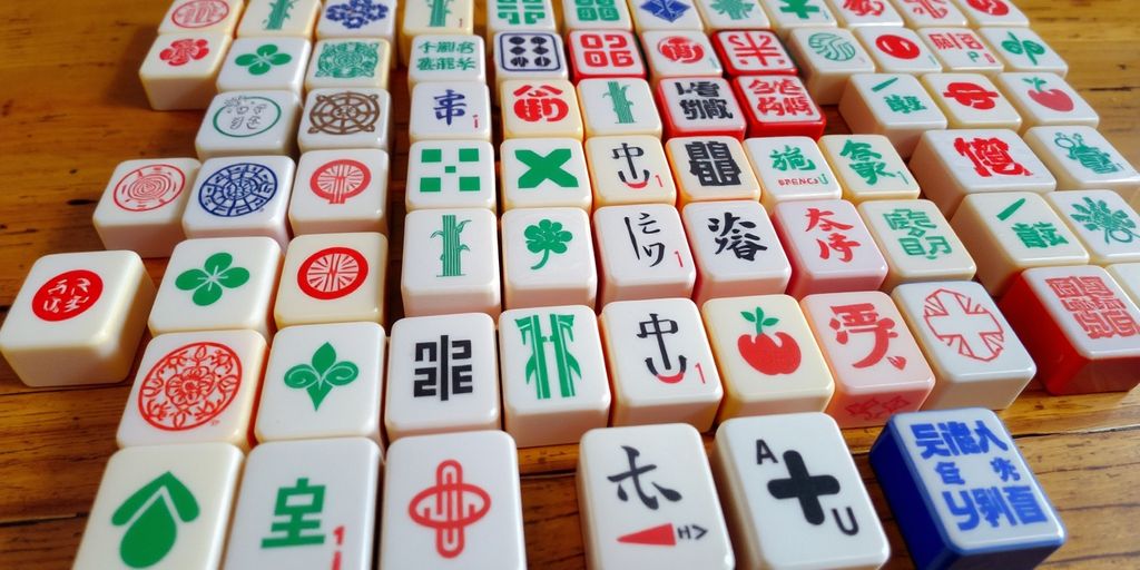 Mahjong tiles with traditional designs on a wooden table.