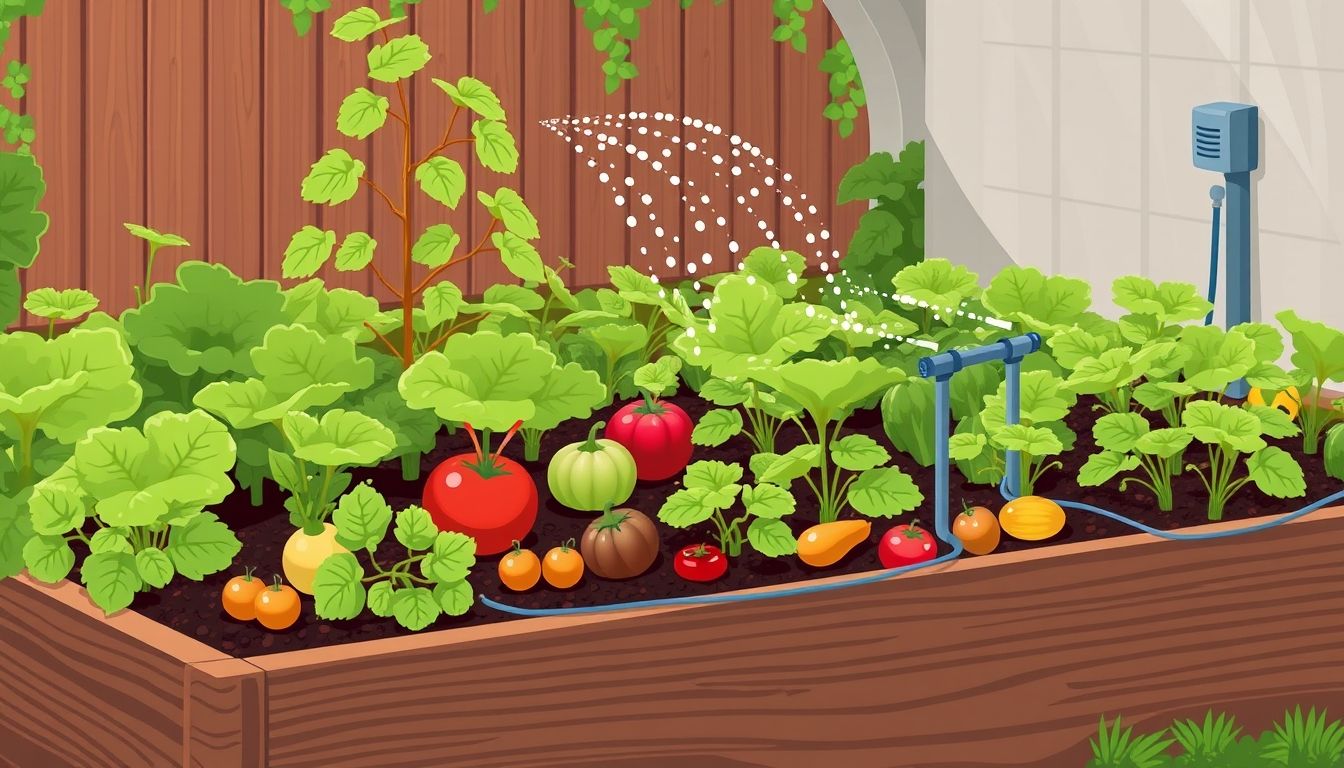 Raised garden bed with vegetables and irrigation system.