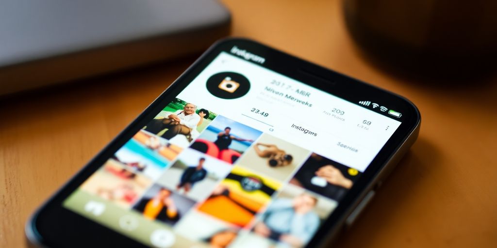 Smartphone displaying engaging Instagram feed with creative captions.