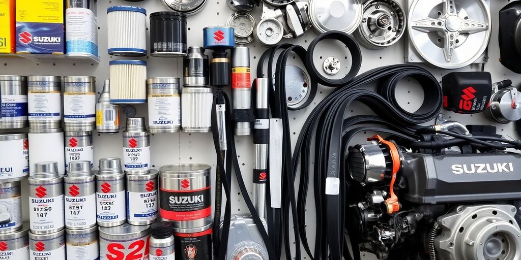 Shiny Suzuki car parts arranged neatly.