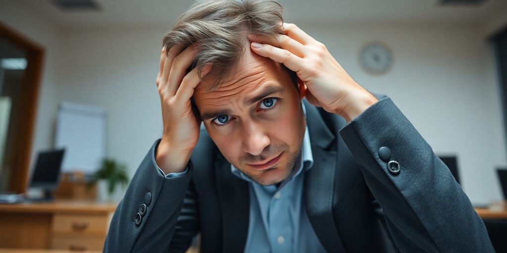 Man looking distressed, sitting in an empty office.