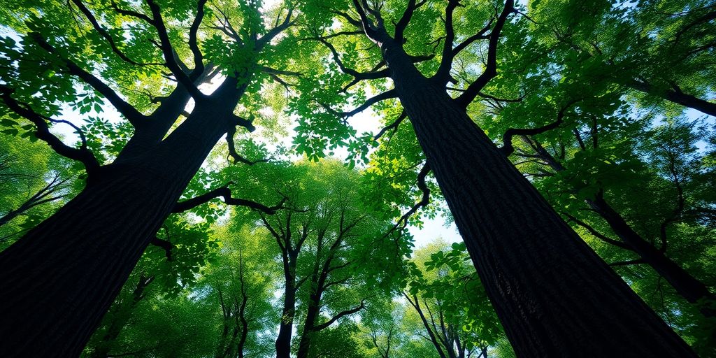 Floresta densa com raios de sol a atravessar as árvores.