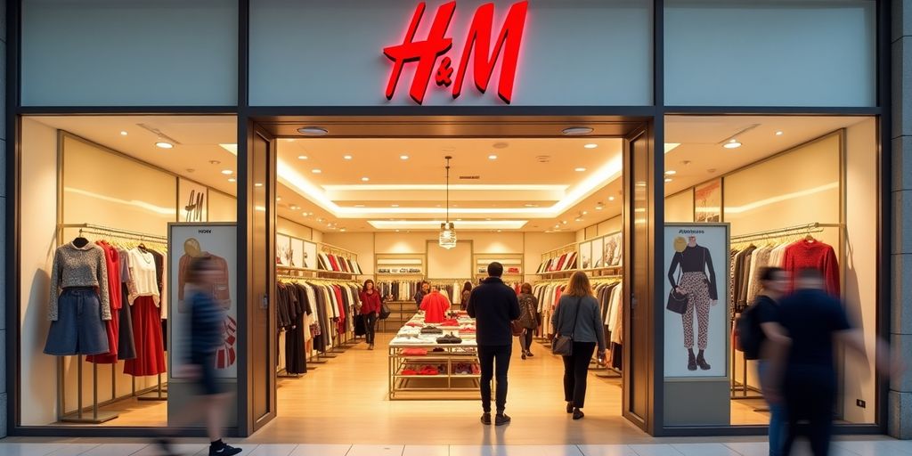 Eingang eines H&M Geschäfts mit stilvollen Kleidungsstücken.