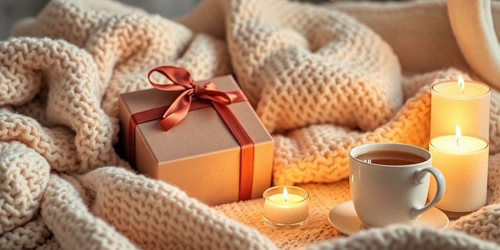 Cozy gift setup with blankets, candles, and tea.