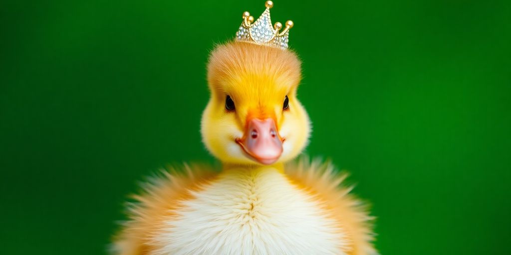 Cute duck wearing a miniature crown.