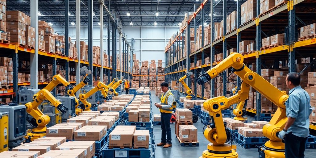 Warehouse with robots and workers optimizing logistics efficiency.