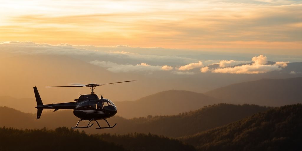 Helicopter soaring above Smokies at sunset.