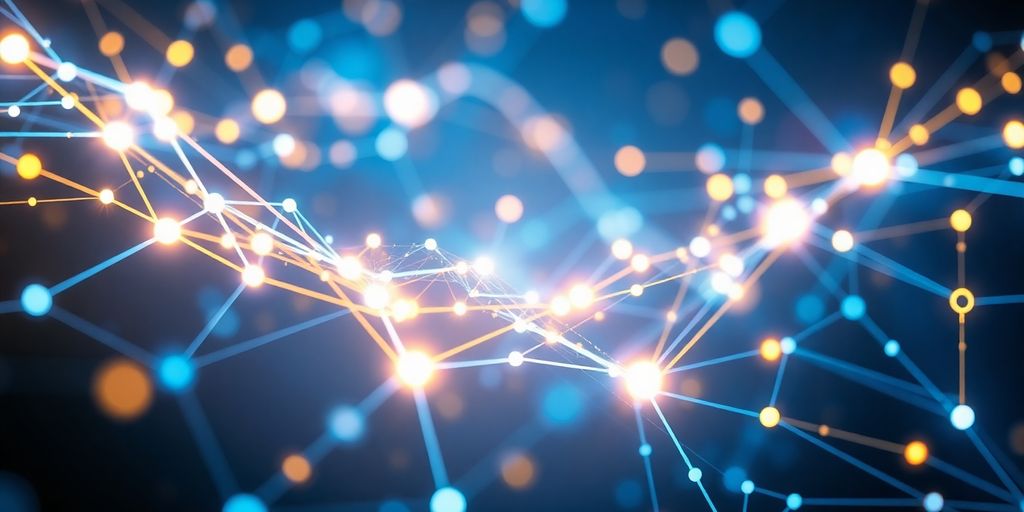 Futuristic business data visualization with glowing connections.