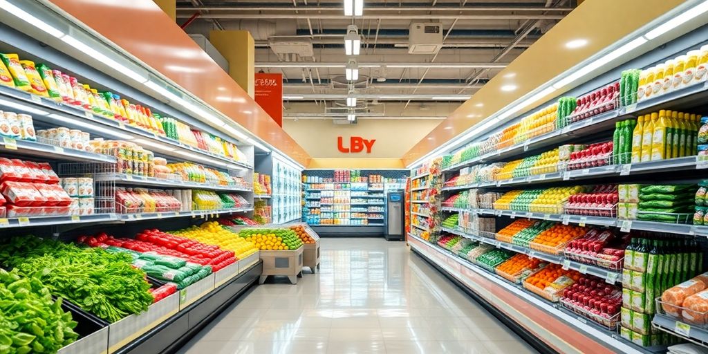 Clean grocery store aisle with fresh produce and products.