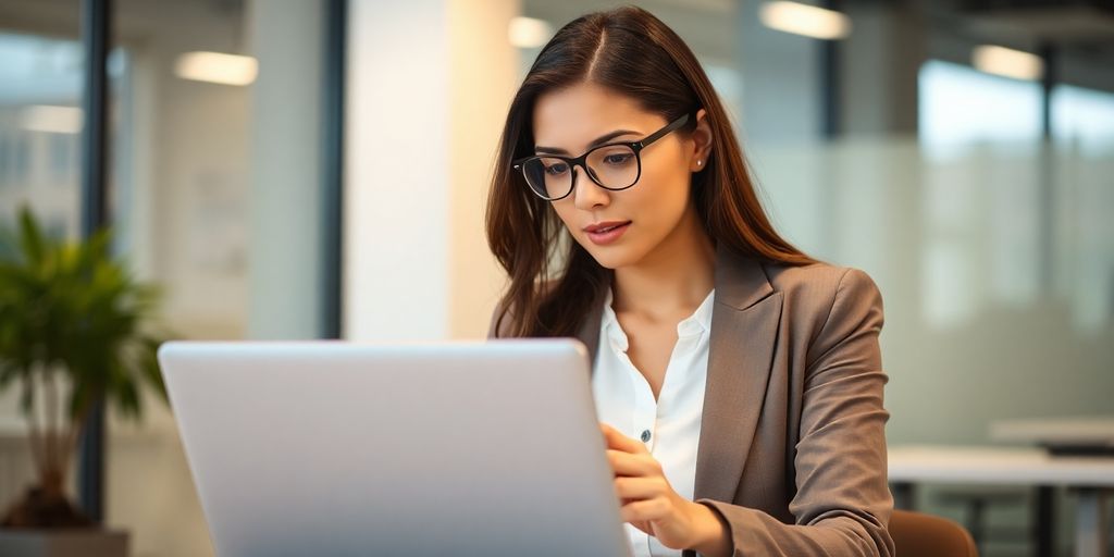 Businesswoman smiling while working on a laptop.