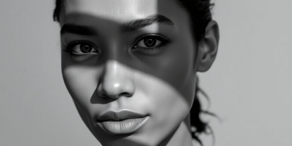 Black and white headshot with soft lighting and blurred background.