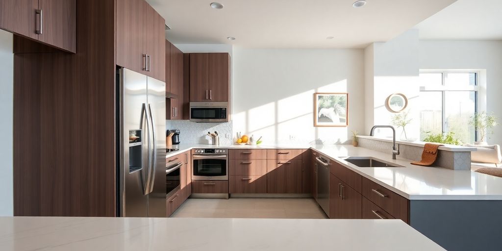 Modern kitchen renovation with island and natural light.