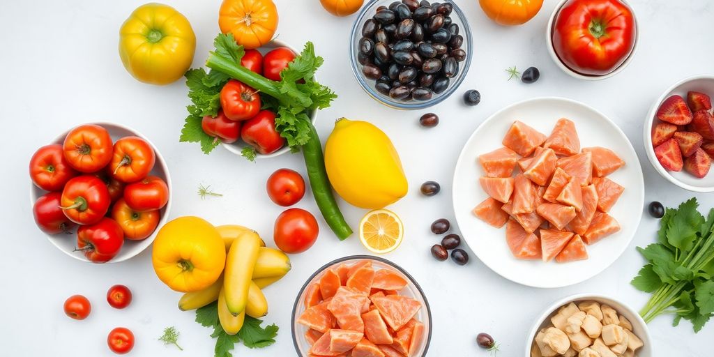 Colorful healthy food spread with fruits and vegetables.
