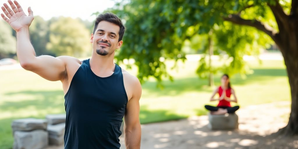 Happy person exercising, eating healthy, meditating outdoors.