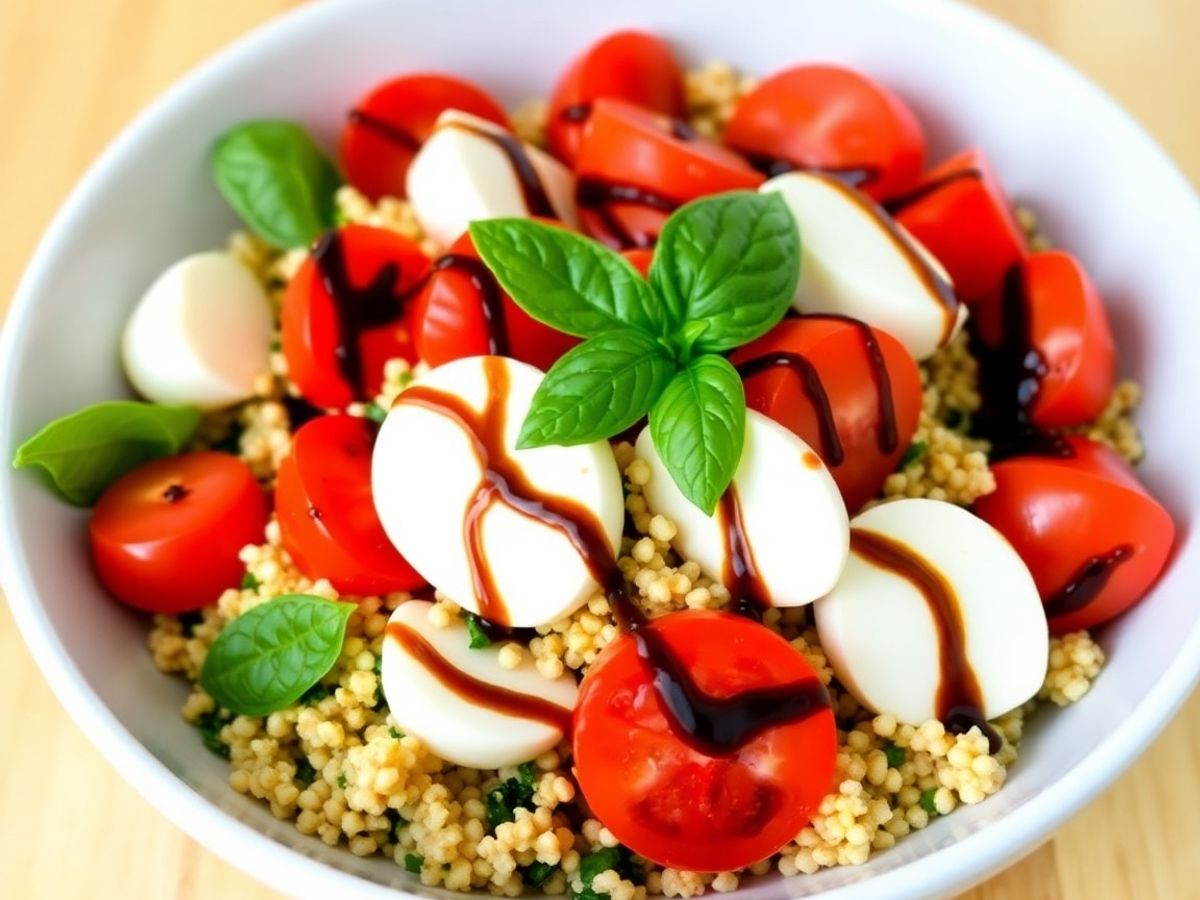 Refreshing Quinoa Caprese Salad Recipe for a Healthy Summer Meal Colorful quinoa caprese salad with tomatoes and mozzarella.