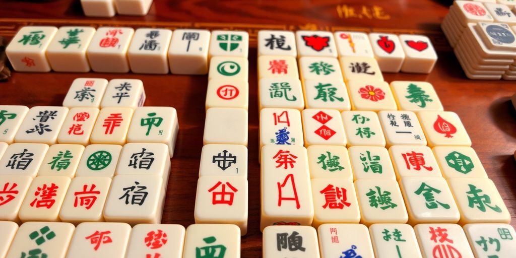 Mahjong tiles arranged on a wooden table