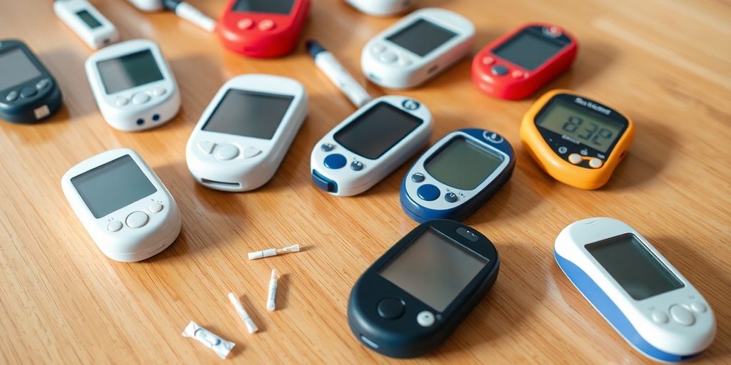 Various glucometers and lancets on a wooden table.