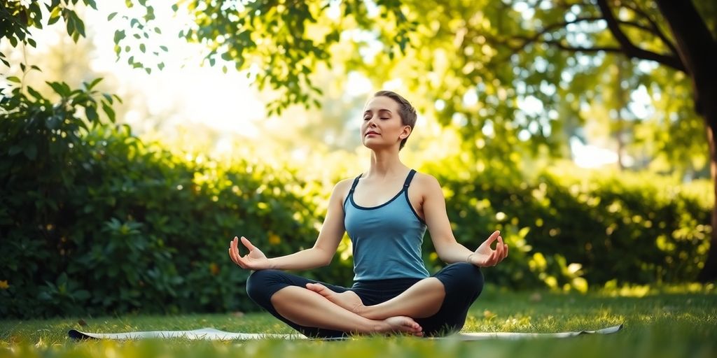 Person meditating outdoors, calm and peaceful.