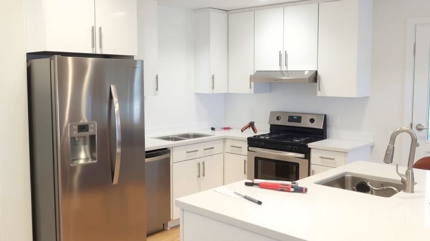 Modern kitchen renovation with new cabinets and appliances.