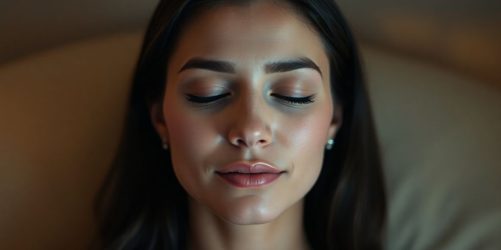 Mulher em transe, relaxada e serena.