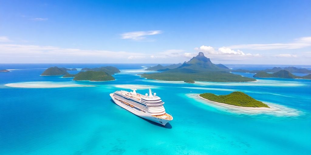 Luxury cruise ship in Bora Bora's turquoise waters.