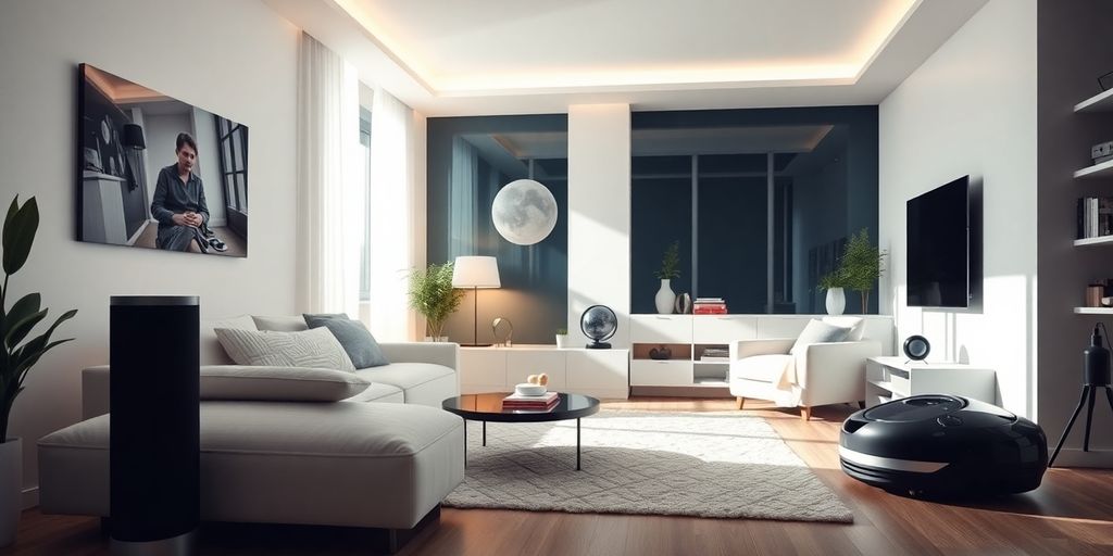 Modern living room with smart home gadgets and automation.