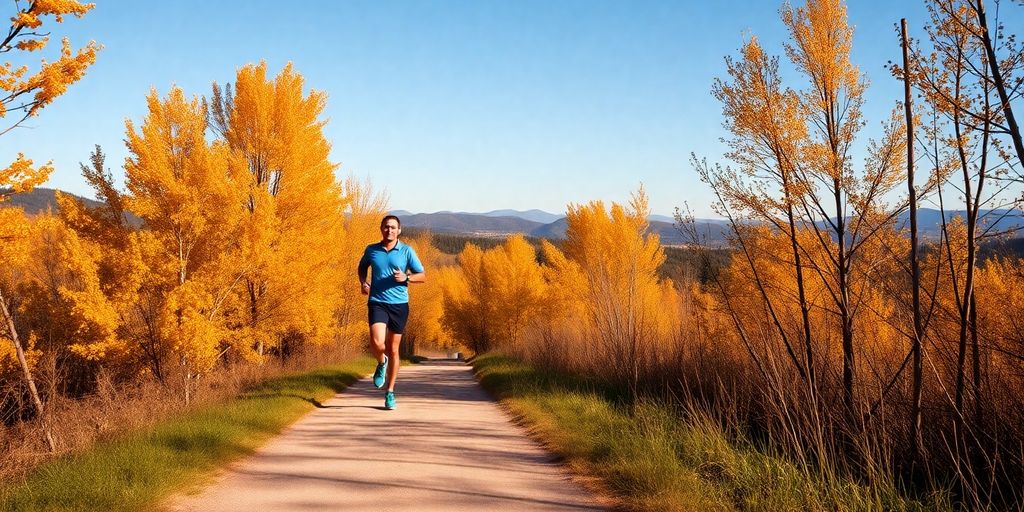 Runner taking a walking break on a scenic trail.