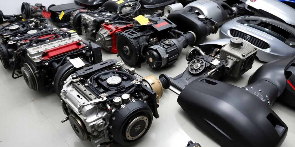 Suzuki car parts arranged neatly.