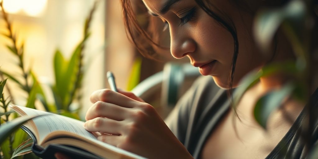 Person writing in journal surrounded by plants and warm light.