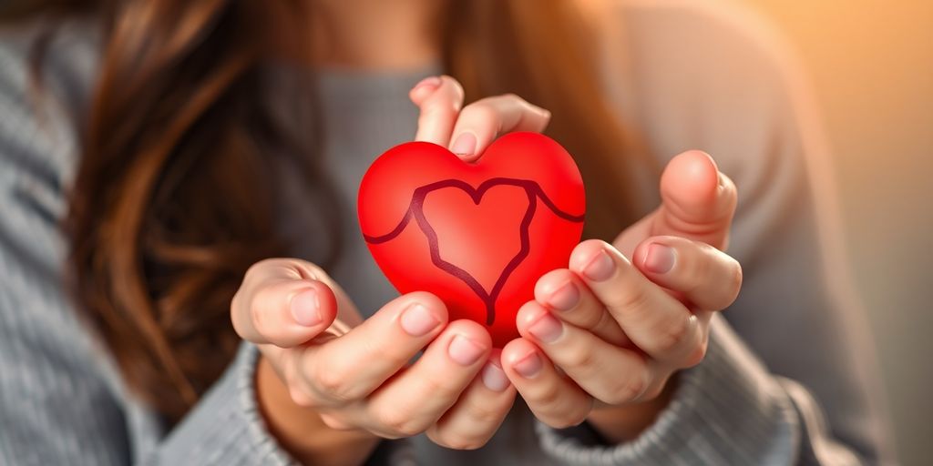 Young woman smiling, holding heart in hands.
