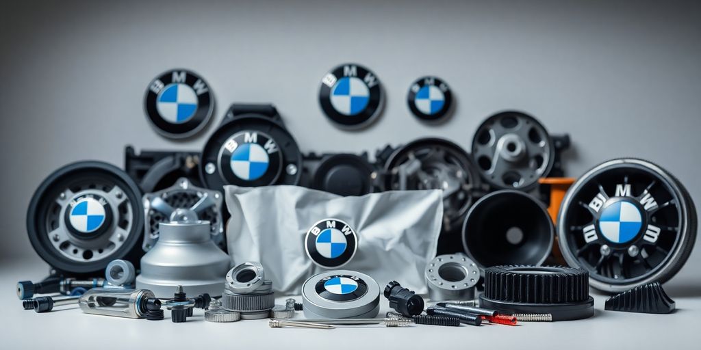 BMW car parts laid out neatly.