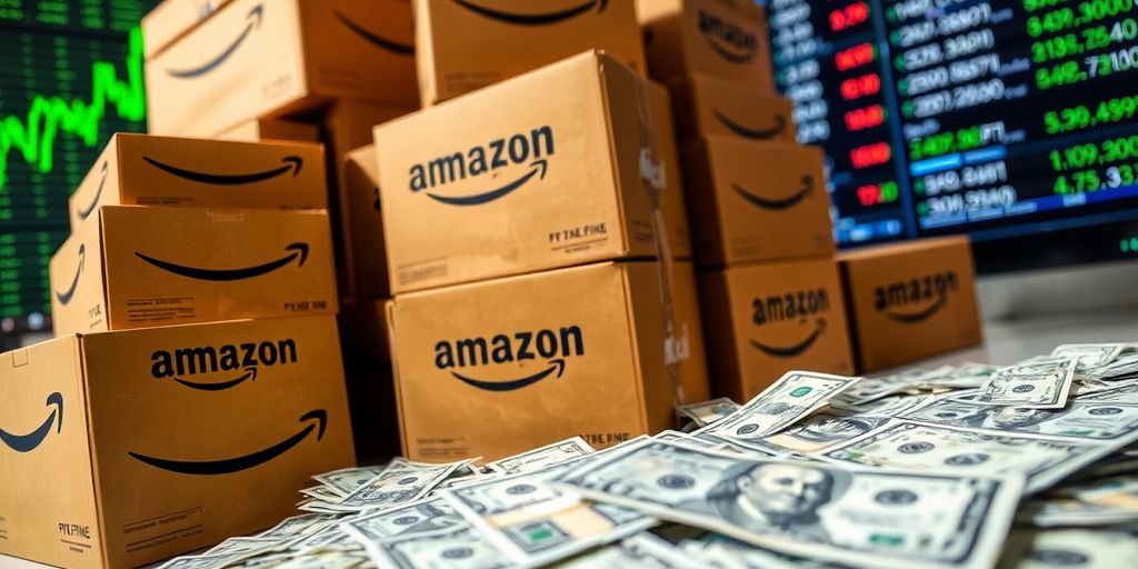 Amazon boxes, dollar bills, and stock ticker